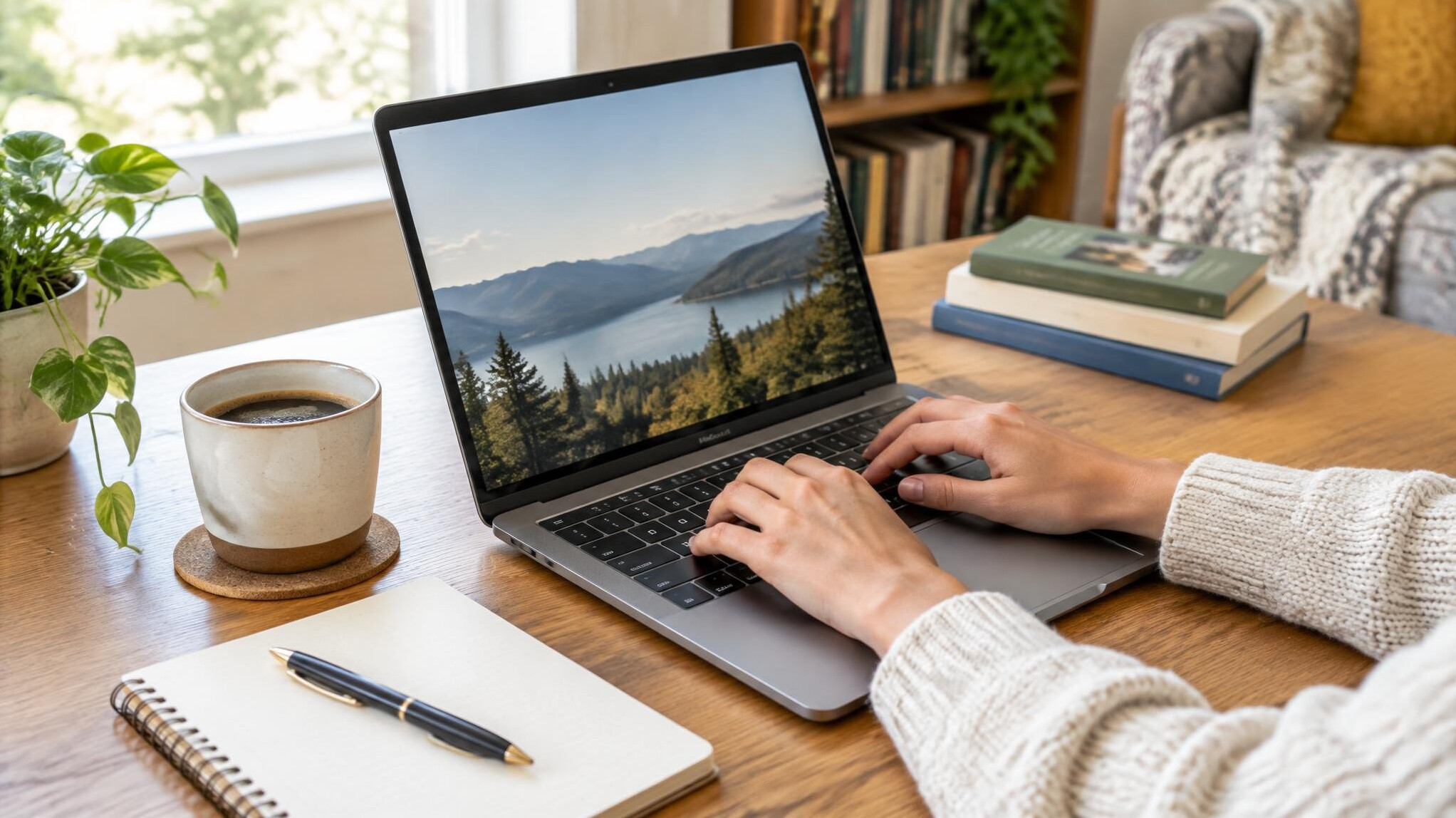 Laptop on a desk with a coffee and notes